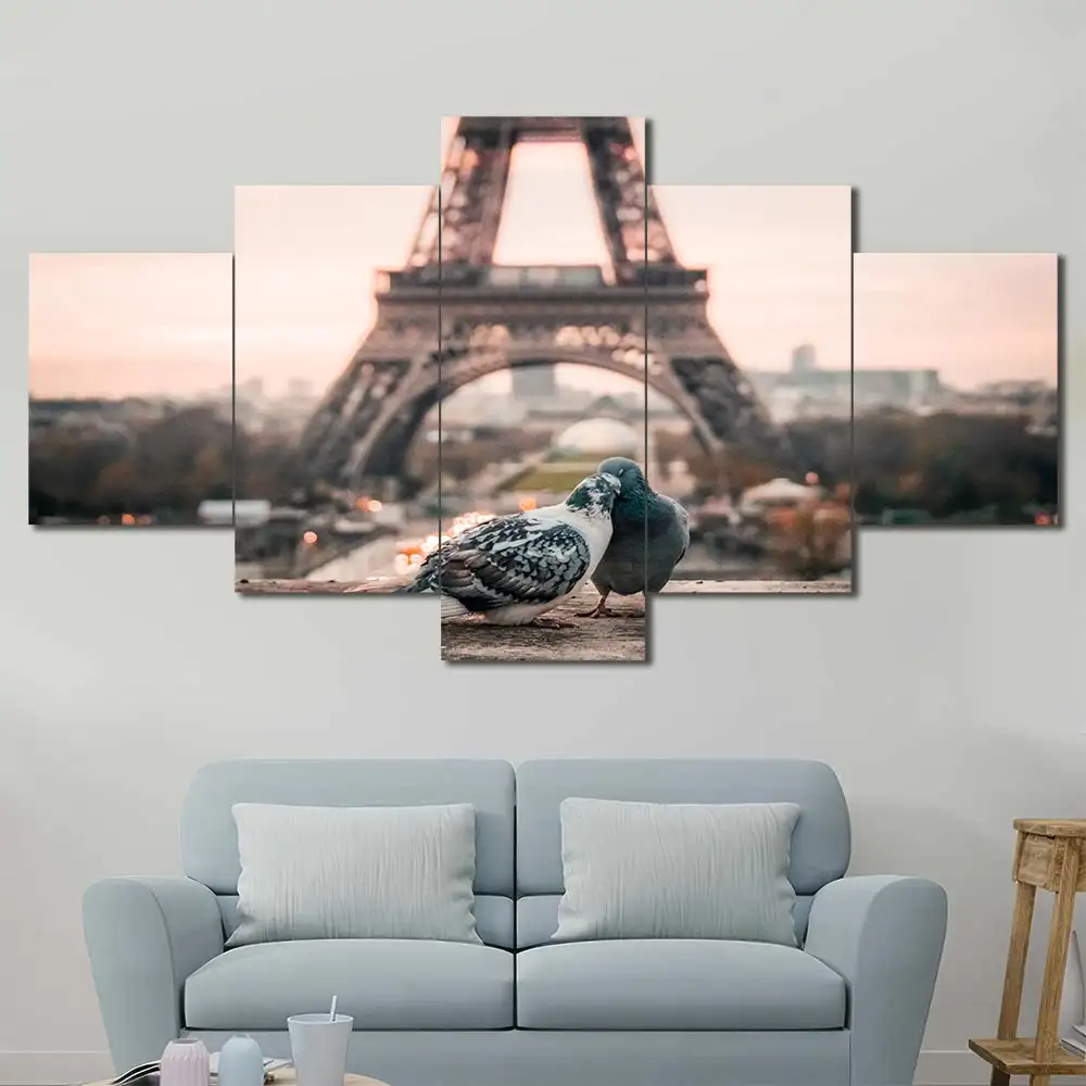 Pigeons at Eiffel Tower Canvas Wall Art featuring pigeons at eiffel tower in a cityscape composition 5 Panels Diamond Layout