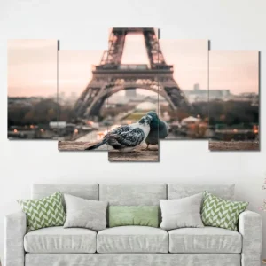Pigeons at Eiffel Tower Canvas Wall Art featuring pigeons at eiffel tower in a cityscape composition 5 Panels Uneven Layout