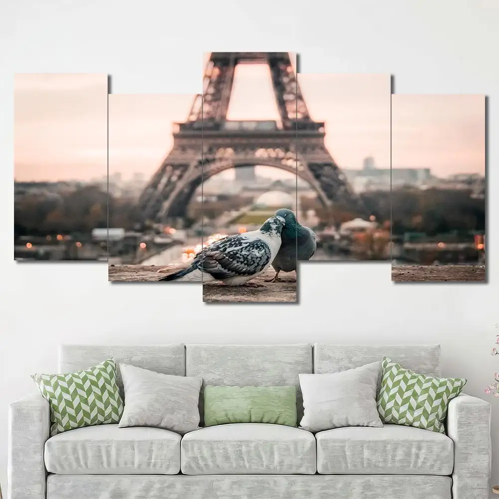 Pigeons at Eiffel Tower Canvas Wall Art featuring pigeons at eiffel tower in a cityscape composition 5 Panels Uneven Layout