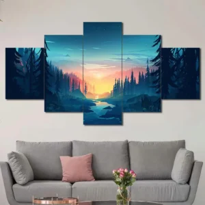 Pine Forest Valley Canvas Wall Art featuring pine forest valley in a illustration composition 5 Panels Diamond Layout