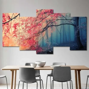 Pink Blossom Forest Canvas Wall Art featuring pink blossom forest in a landscape composition 5 Panels Uneven Layout