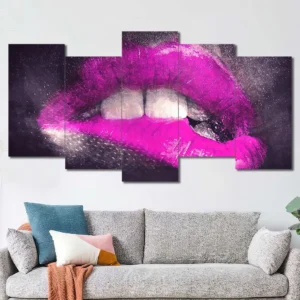 Pink Lips Canvas Wall Art featuring pink lips in a poster design composition 5 Panels Uneven Layout