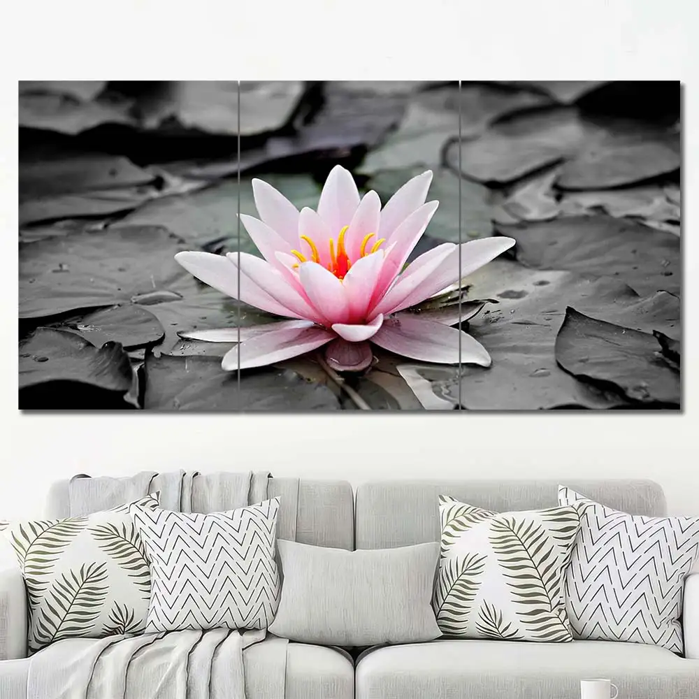 Pink Water Lily Canvas Wall Art featuring pink water lily in a flat design composition 3 Panels Regular Layout