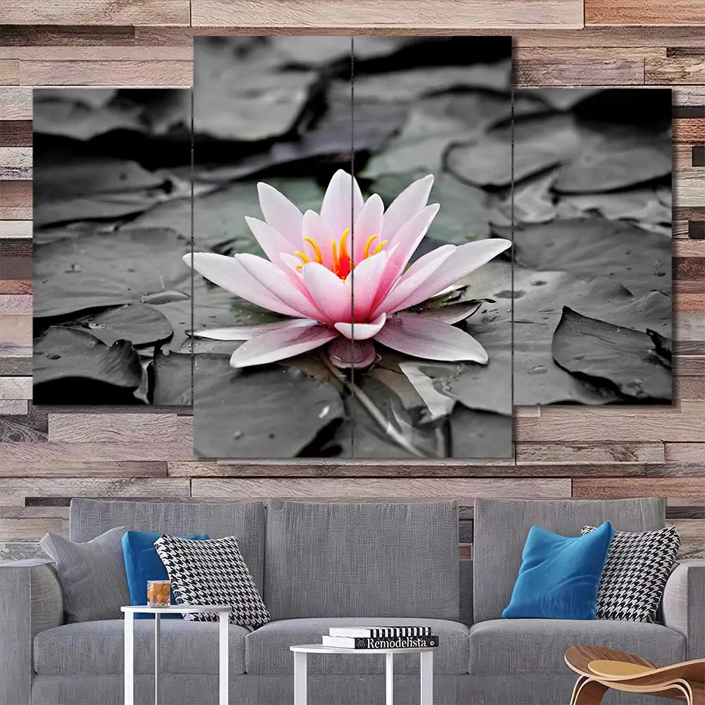 Pink Water Lily Canvas Wall Art featuring pink water lily in a flat design composition 4 Panels Diamond Layout