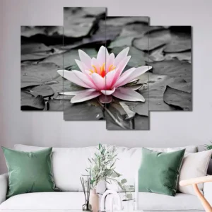Pink Water Lily Canvas Wall Art featuring pink water lily in a flat design composition 4 Panels Uneven Layout