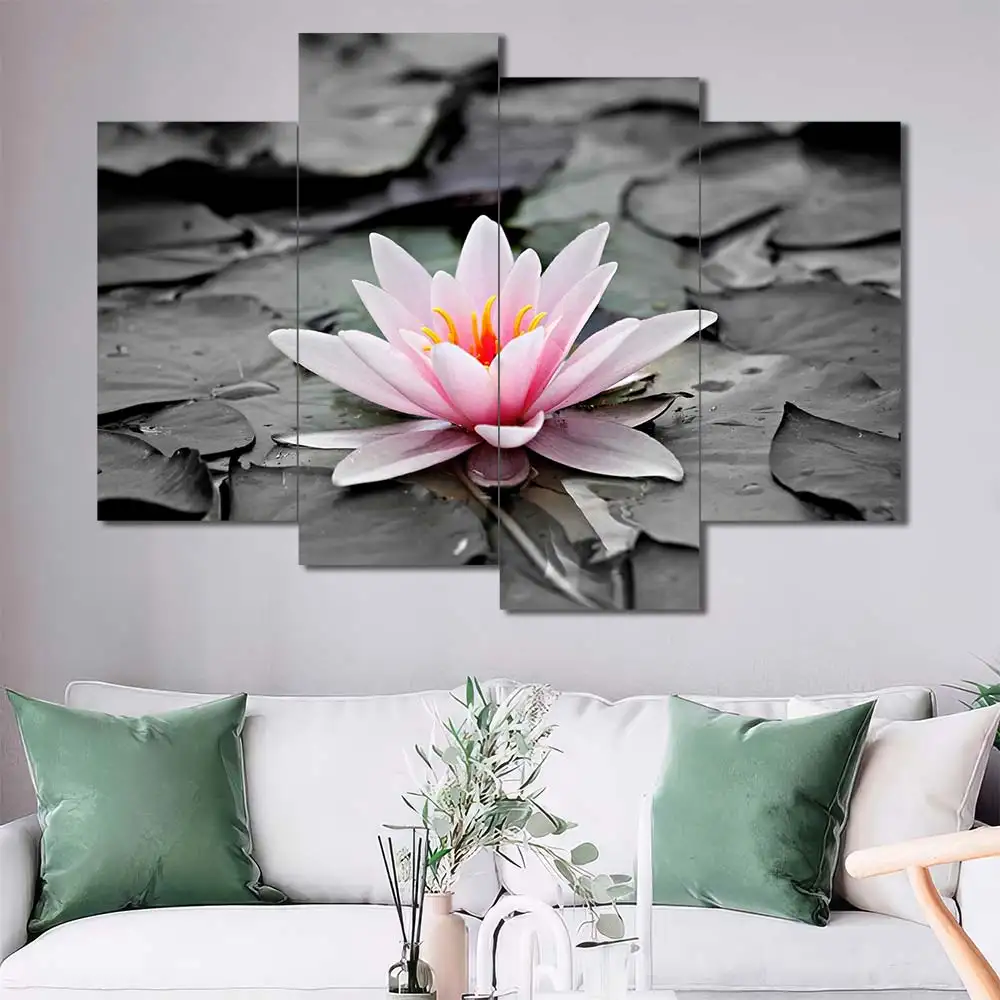 Pink Water Lily Canvas Wall Art featuring pink water lily in a flat design composition 4 Panels Uneven Layout
