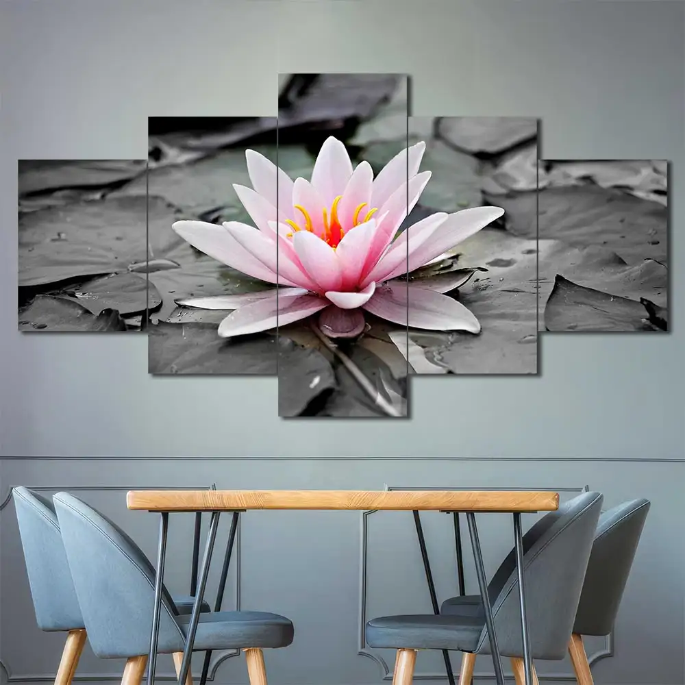 Pink Water Lily Canvas Wall Art featuring pink water lily in a flat design composition 5 Panels Diamond Layout