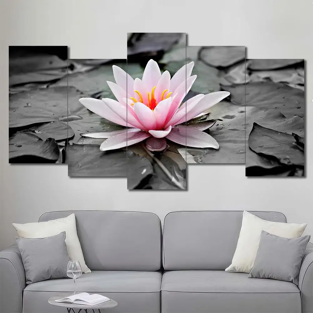 Pink Water Lily Canvas Wall Art featuring pink water lily in a flat design composition 5 Panels Uneven Layout