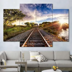 Railroad by River Canvas Wall Art featuring railroad by river in a landscape composition 4 Panels Diamond Layout