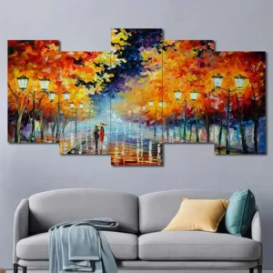 Rainy Autumn Park Canvas Wall Art featuring rainy autumn park in a digital art composition 5 Panels Uneven Layout