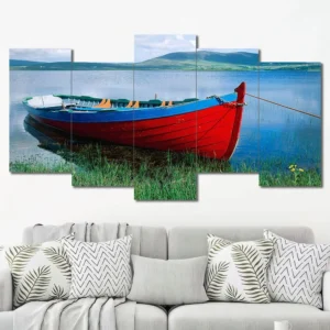 Red Boat on Lake Canvas Wall Art featuring red boat on lake in a landscape composition 5 Panels Uneven Layout