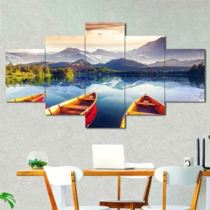 Red Boats on Mountain Lake Canvas Wall Art featuring red boats on mountain lake in a landscape composition 5 Panels Diamond Layout