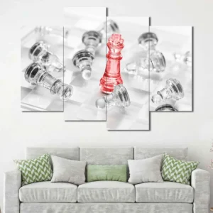 Red Chess King Canvas Wall Art featuring red chess king in a flat design composition 4 Panels Uneven Layout