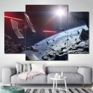 Red Laser Space Battle Wall Art – Starfighter Wreckage Scene