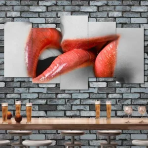 Red Lips Canvas Wall Art featuring red lips in a flat design composition 5 Panels Uneven Layout