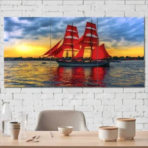 Red Sailing Ship Canvas Wall Art featuring red sailing ship in a landscape composition 3 Panels Regular Layout
