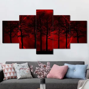Red Silhouette Forest Canvas Wall Art featuring red silhouette forest in a flat design composition 5 Panels Diamond Layout