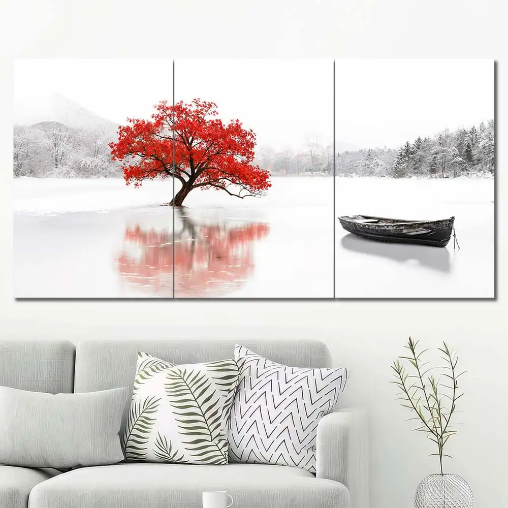 Red Tree and Boat Canvas Wall Art featuring red tree and boat in a flat design composition 3 Panels Regular Layout