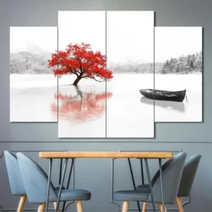 Red Tree and Boat Canvas Wall Art featuring red tree and boat in a flat design composition 4 Panels Diamond Layout