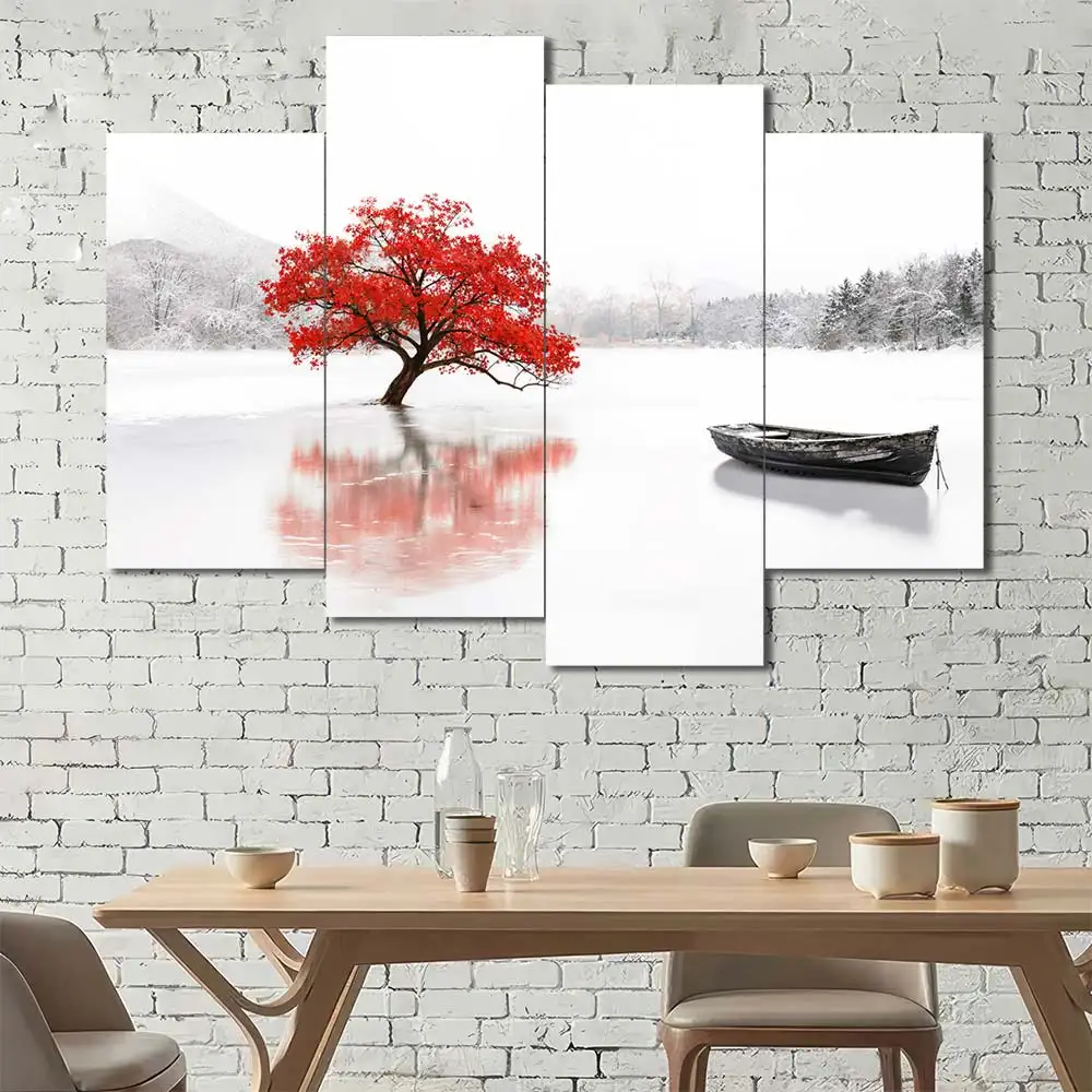 Red Tree and Boat Canvas Wall Art featuring red tree and boat in a flat design composition 4 Panels Uneven Layout
