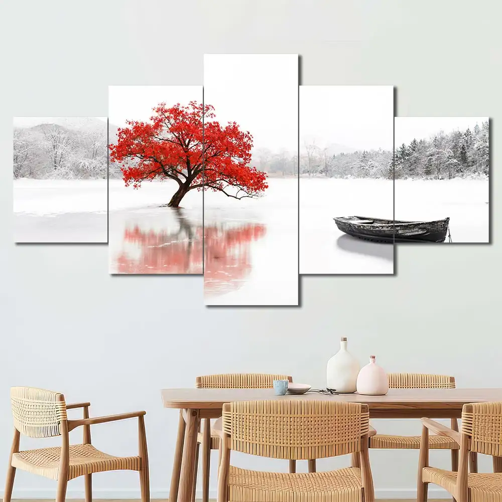 Red Tree and Boat Canvas Wall Art featuring red tree and boat in a flat design composition 5 Panels Diamond Layout