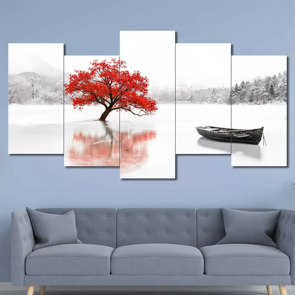Red Tree and Boat Canvas Wall Art featuring red tree and boat in a flat design composition 5 Panels Uneven Layout