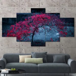Red Tree in Blue Forest Canvas Wall Art featuring red tree in blue forest in a landscape composition 5 Panels Diamond Layout