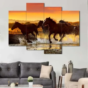 Running Horses Canvas Wall Art featuring running horses in a dynamic pose composition 4 Panels Uneven Layout