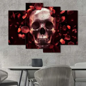 Skull with Rose Petals Canvas Wall Art featuring skull with rose petals in a poster design composition 4 Panels Uneven Layout