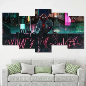 Spider-Man 2099 wall art featuring neon cyberpunk city atmosphere and futuristic styling 5 Panels Uneven Layout