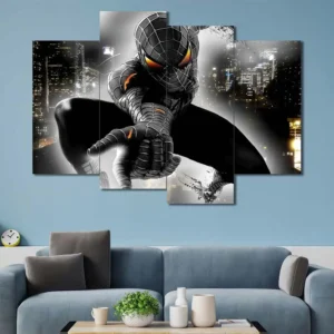 Black suit Spider-Man canvas wall art featuring nighttime city skyline and stealth pose 4 Panels Uneven Layout