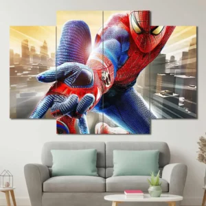 Spider-Man wall art featuring web-slinging action above a modern city skyline 4 Panels Diamond Layout