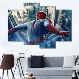 Spider-Man canvas wall art featuring aerial city swing and skyscraper backdrop 4 Panels Uneven Layout