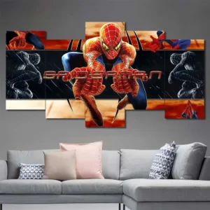 Spider-Man movie poster wall art featuring classic Marvel superhero artwork 5 Panels Uneven Layout