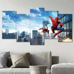 Spider-Man and Iron Man wall art featuring aerial superhero action above the city 5 Panels Uneven Layout