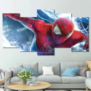 Spider-Man wall art featuring lightning effects and high-energy action composition 5 Panels Uneven Layout