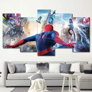 Spider-Man canvas wall art featuring multiverse battle scene and cinematic action 5 Panels Uneven Layout