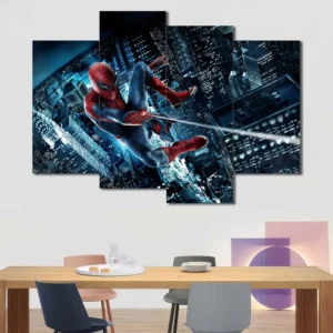 Spider-Man canvas wall art featuring nighttime web-swinging action and city lights 4 Panels Uneven Layout