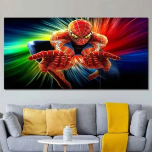 Spider-Man wall art featuring colorful energy streaks and comic-inspired action pose 3 Panels Regular Layout