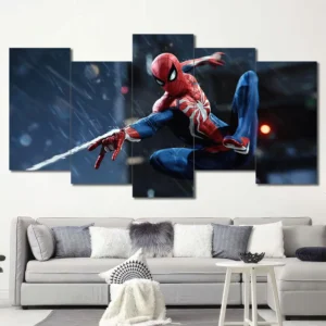 Spider-Man wall art featuring dramatic rain effects and cinematic superhero pose 5 Panels Uneven Layout