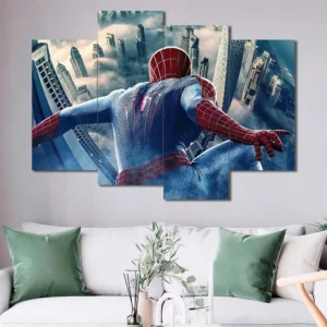 Spider-Man wall art featuring city skyline view and heroic rooftop pose 4 Panels Uneven Layout