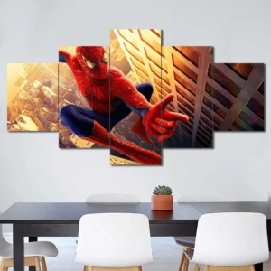 Spider-Man canvas wall art featuring high-rise city leap and sunset lighting 5 Panels Diamond Layout