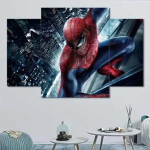 Spider-Man wall art featuring skyscraper climbing action and cinematic city scenery 4 Panels Diamond Layout