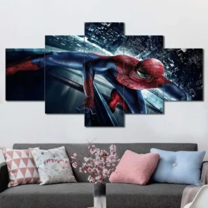 Spider-Man wall art featuring high-speed urban chase and dramatic city perspective 5 Panels Diamond Layout