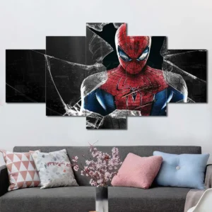 Spider-Man wall art featuring shattered glass effect and detailed superhero portrait 5 Panels Diamond Layout