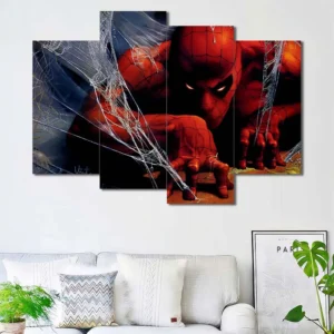 Spider-Man canvas wall art featuring web-covered environment and stealth action pose 4 Panels Uneven Layout