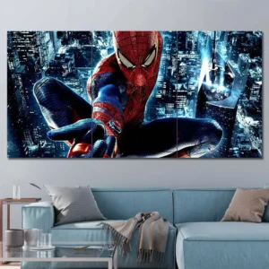 Spider-Man canvas wall art featuring web attack pose and detailed city backdrop 3 Panels Regular Layout