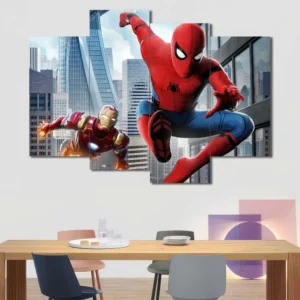 Spider-Man and Iron Man wall art featuring Marvel superhero team action 4 Panels Uneven Layout