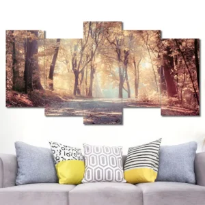 Sunlit Forest Path Canvas Wall Art featuring sunlit forest path in a landscape composition 5 Panels Uneven Layout