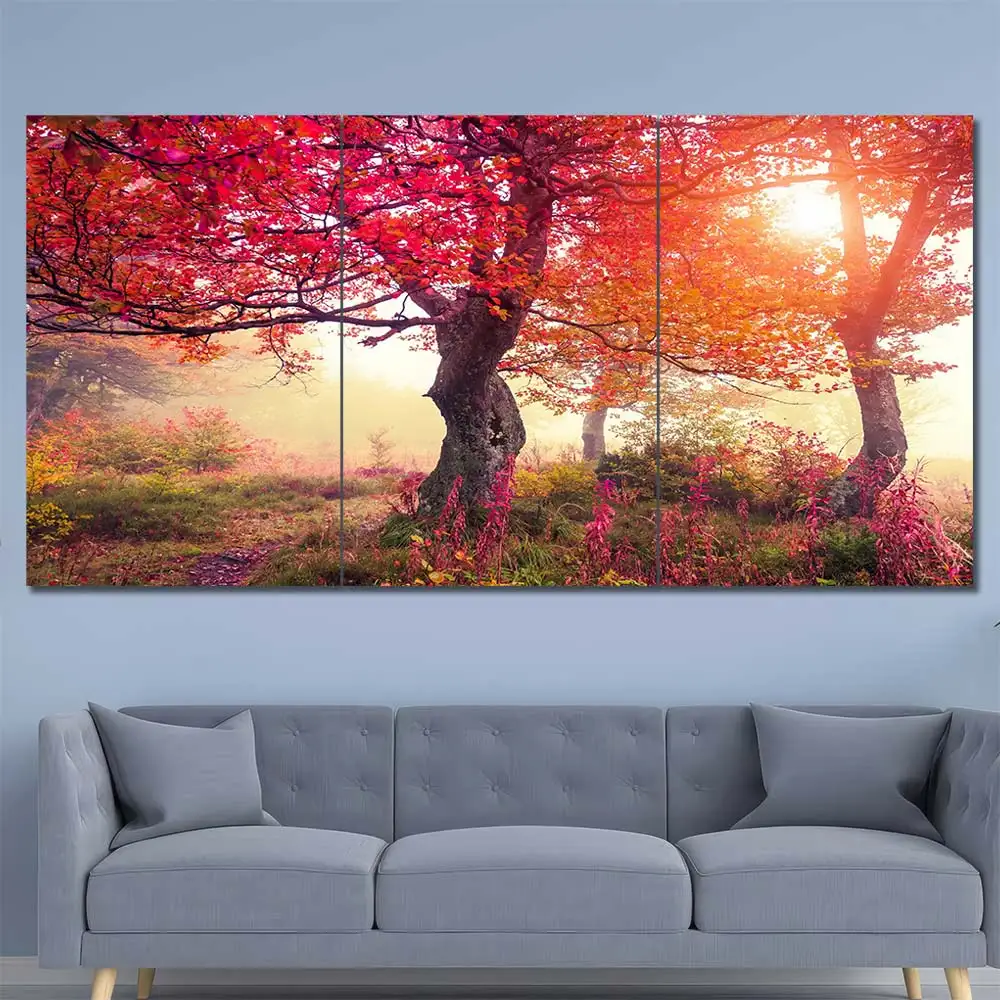 Sunlit Red Forest Canvas Wall Art featuring sunlit red forest in a landscape composition 3 Panels Regular Layout